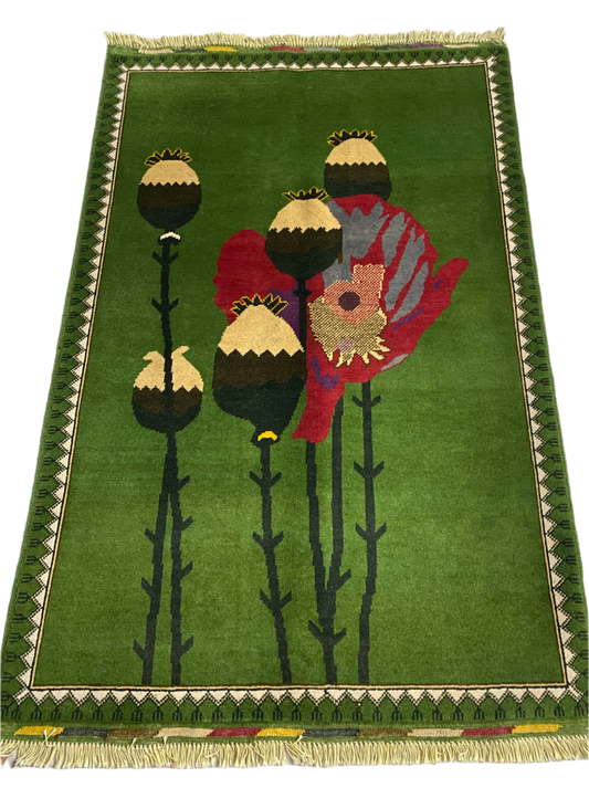 Traditional Afghanistan Botanical Poppy War Rug | 5'x3'