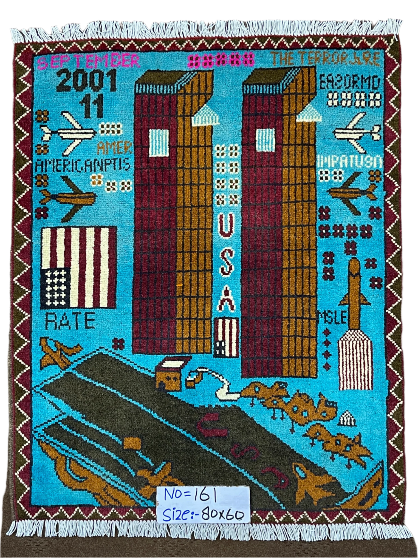 USA Twin Towers 2001 Afghanistan Teal War Rug | 3'x2' | 9/11 Collection