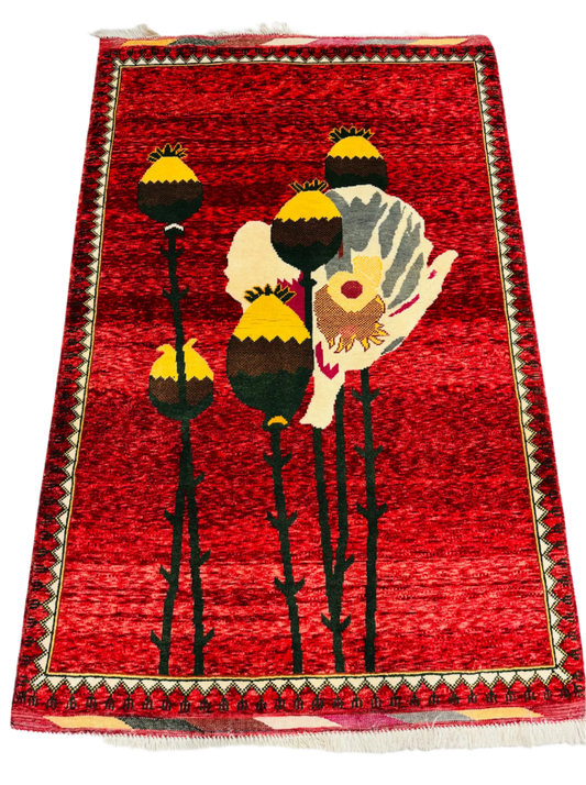 Afghanistan Modern Poppy War Rug Crimson | 5'x3'