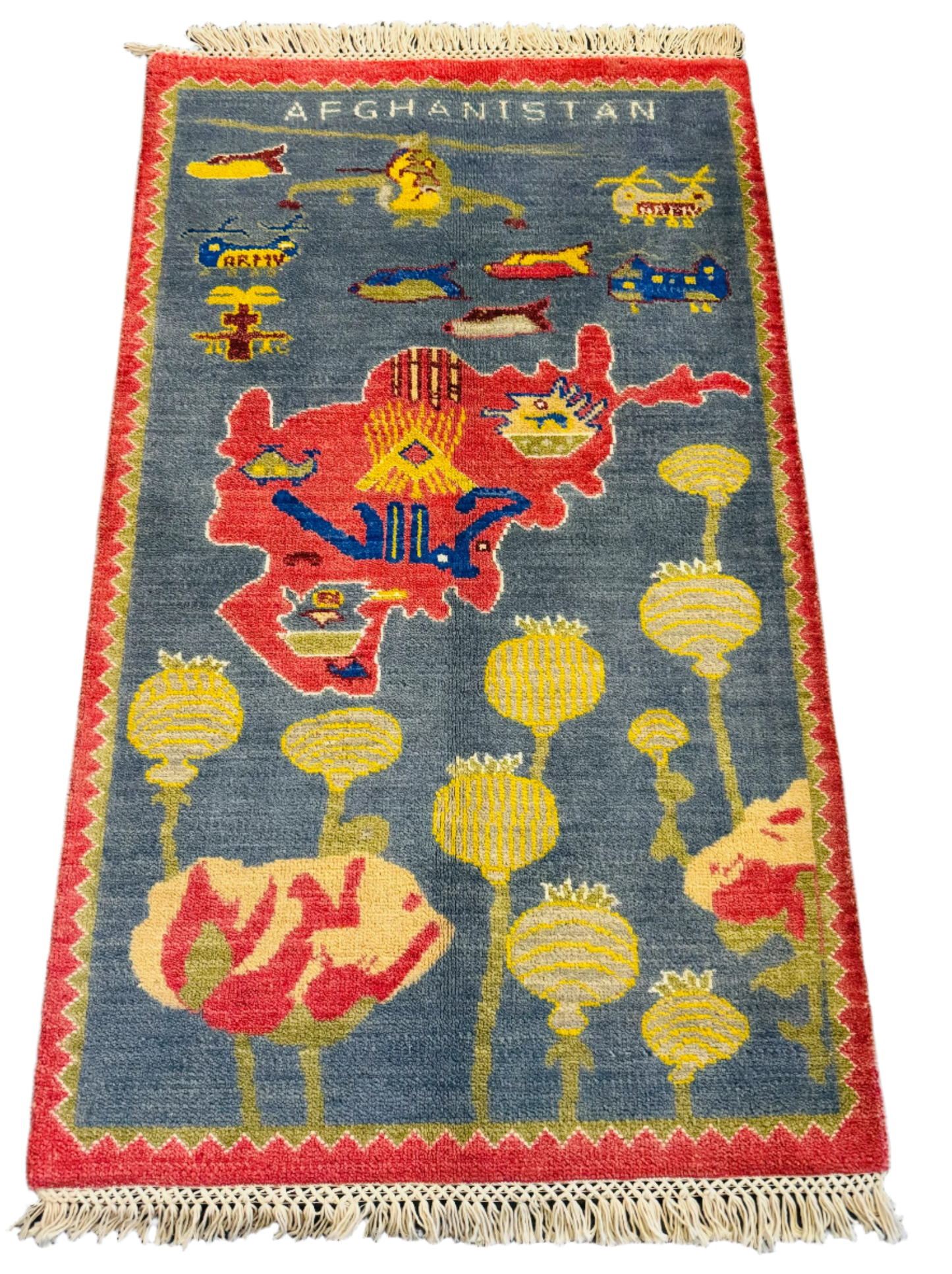 Azure Botanical Poppy Afghanistan War Rug | 4'x2.5'